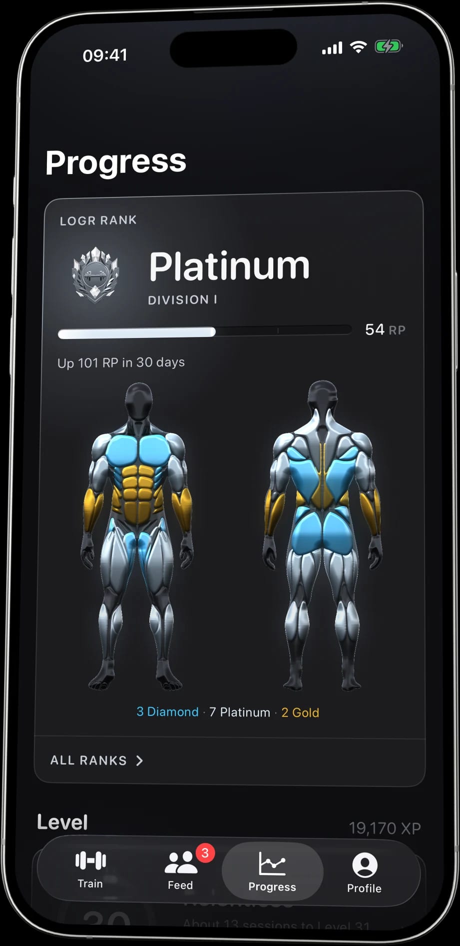 The Progress tab of the Logr app on an iPhone: the LOGR Rank reads Platinum, Division I at 54 RP, up 101 RP in thirty days, above a front and back body map with each body part lit in the colour of its rank: 3 Diamond, 7 Platinum, 2 Gold.