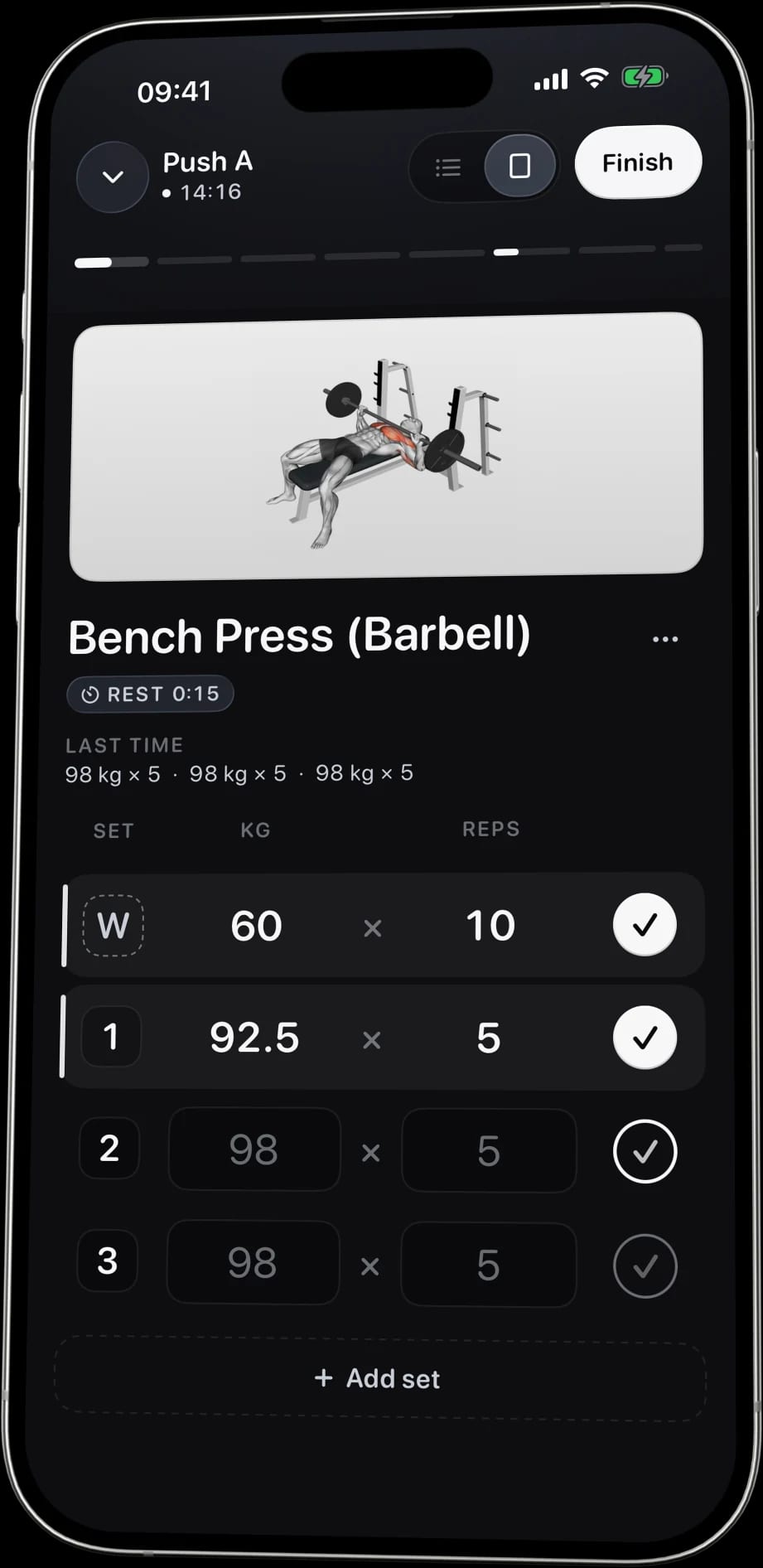 A workout in progress in Logr: Bench Press (Barbell), last time’s three sets of 98 kg × 5, the warm-up and set 1 ticked off at 60 kg × 10 and 92.5 kg × 5, and sets 2 and 3 showing last time’s 98 kg in grey.