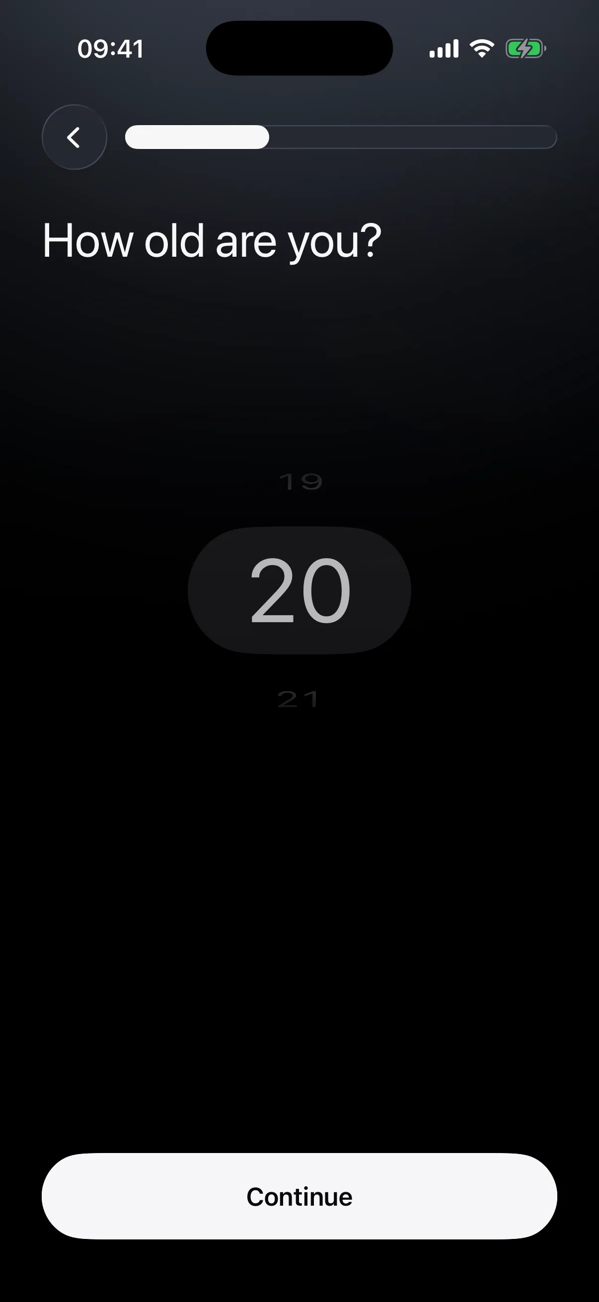 The age question in Logr: a vertical number wheel with 20 selected in a lit ring.
