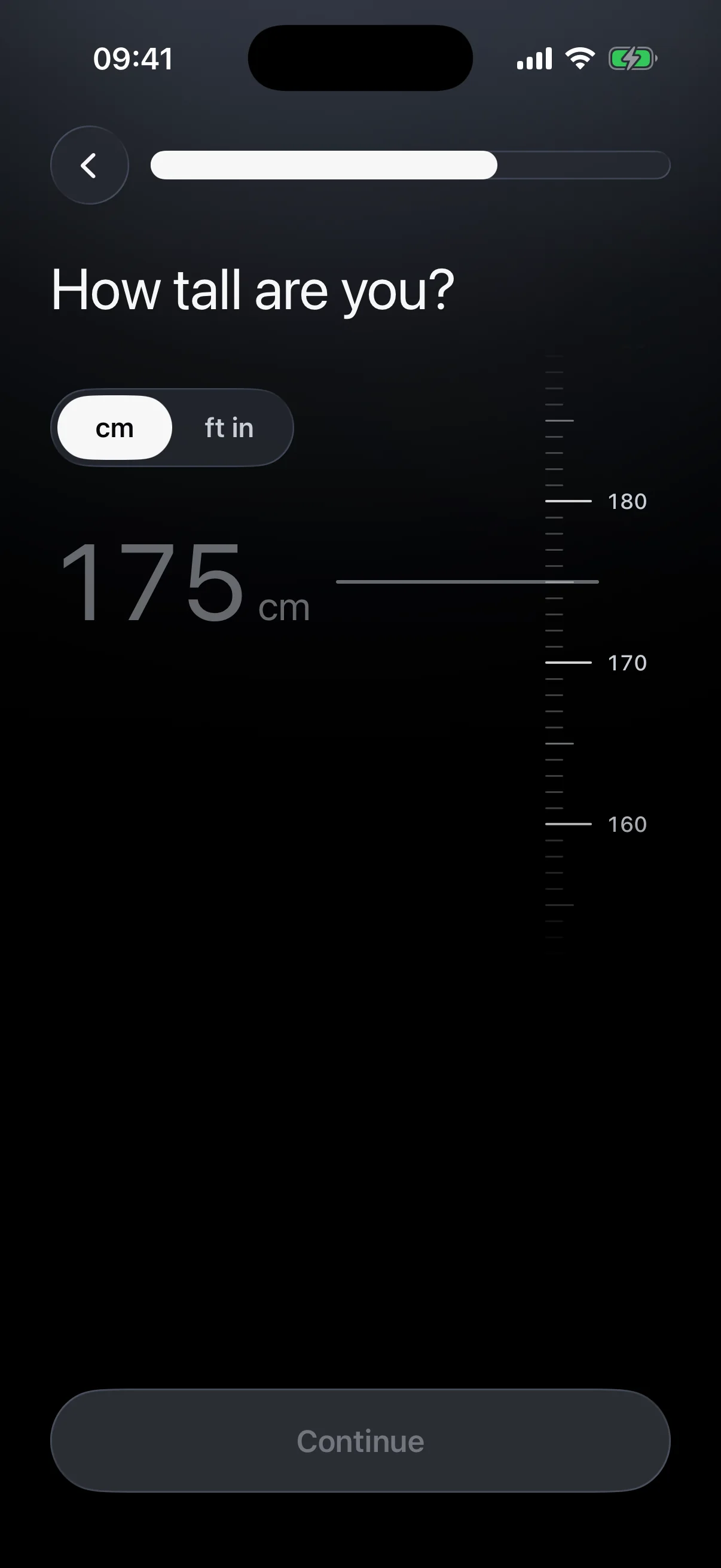 The height question in Logr: a vertical measuring tape reading 175 cm, with a cm and ft in switch.