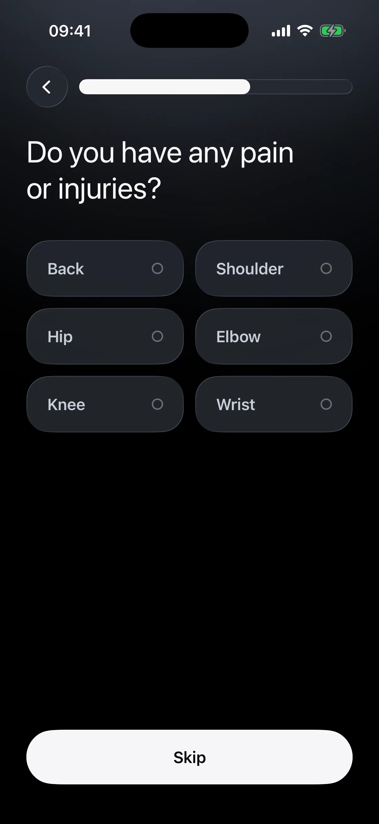 The pain question in Logr: six keys in two columns, back, hip and knee on the left, shoulder, elbow and wrist on the right, each with a lamp.