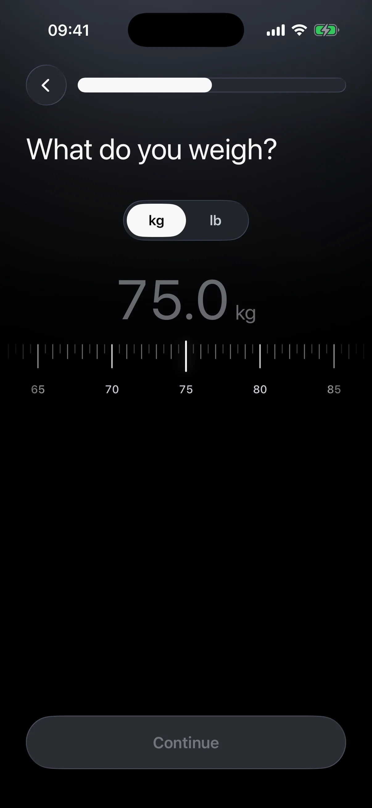 The weight question in Logr: a horizontal ruler reading 75.0 kg, with a kg and lb switch.