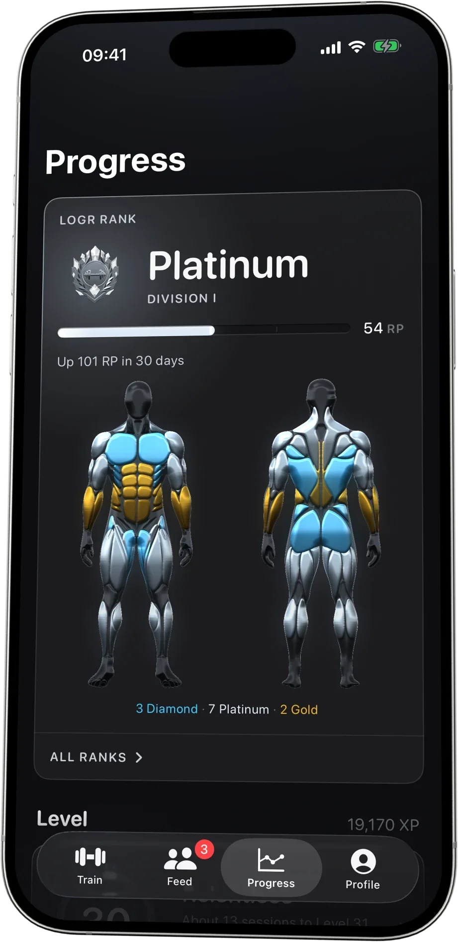 The Progress tab of the Logr app on an iPhone: the LOGR Rank reads Platinum, Division I at 54 RP, up 101 RP in thirty days, above a front and back body map with each body part lit in the colour of its rank: 3 Diamond, 7 Platinum, 2 Gold.