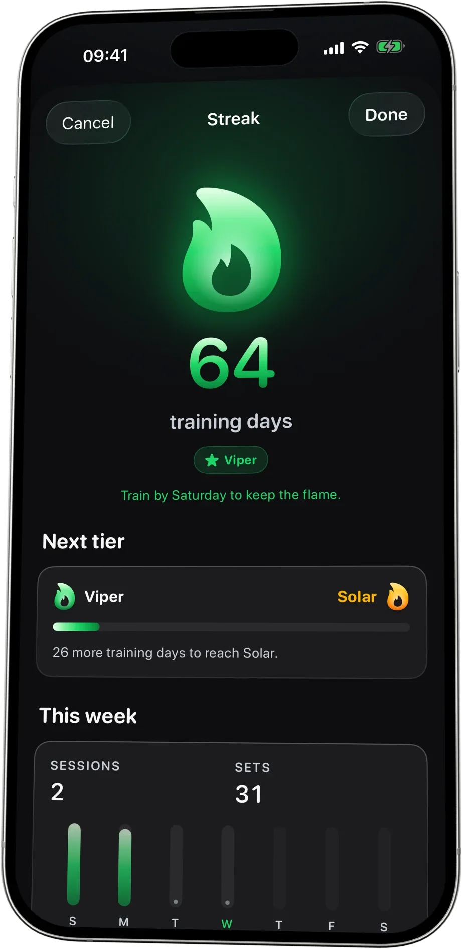 The streak in Logr: a green flame over 64 training days at the Viper tier, “Train by Saturday to keep the flame.”, 26 more training days to reach Solar, and 2 sessions and 31 sets so far this week.