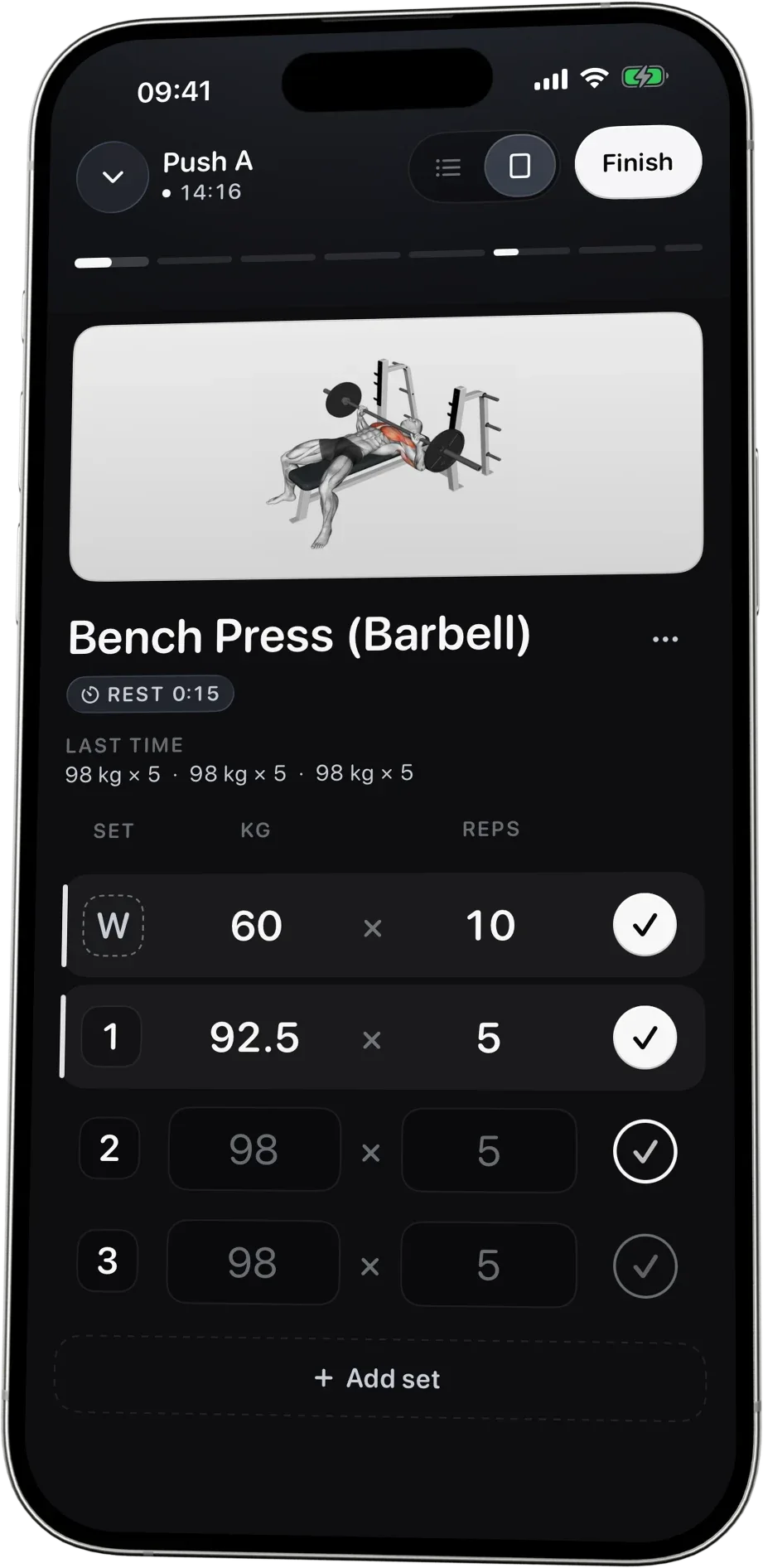 A workout in progress in Logr: Bench Press (Barbell), last time’s three sets of 98 kg × 5, the warm-up and set 1 ticked off at 60 kg × 10 and 92.5 kg × 5, and sets 2 and 3 showing last time’s 98 kg in grey.